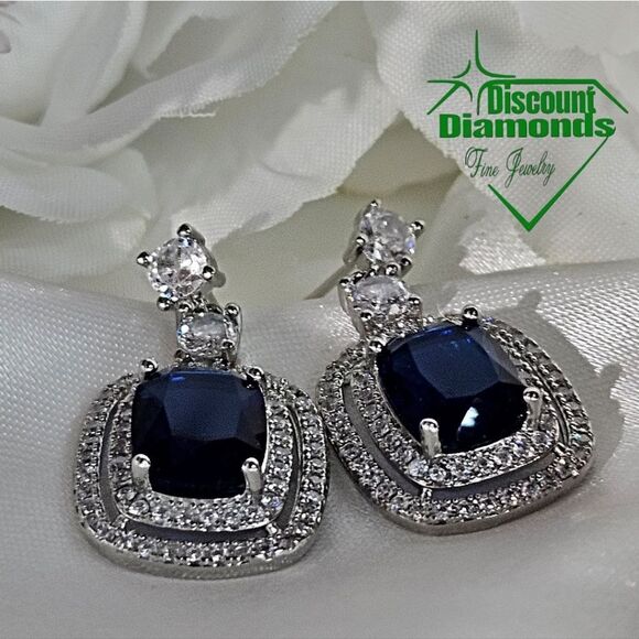 Blue Halo 5.80 Ct. Sapphire & White Baguette Diamond Earrings on 925 Silver - Picture 3 of 4